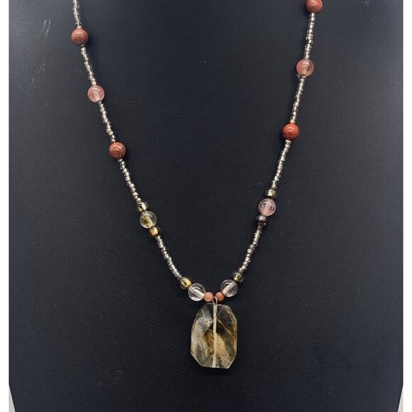 925 Sterling Silver Stone and Beaded Pendant Necklace Adjustable 20 inches - Picture 3 of 8